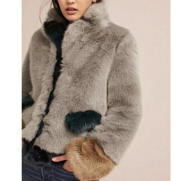 Molliolli Anthropologie Gray Colorblock Teddy Eco Fur Coat Jacket XS - Picture 3 of 7
